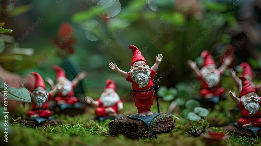 Naklejka premium Miniature Gnomes in Yoga Poses for Outdoor Fairy Garden Model Gnome Display