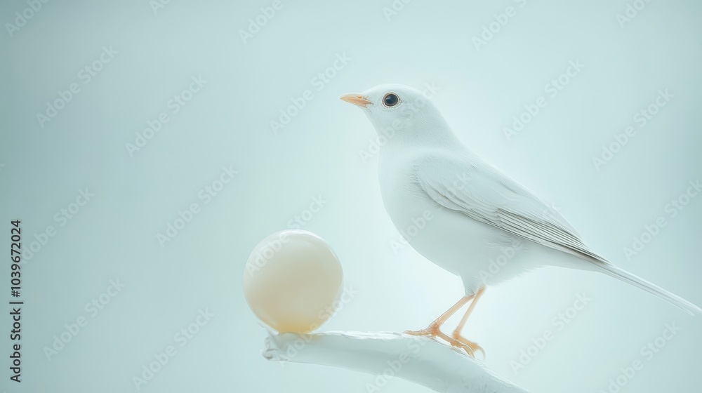 Fototapeta premium A white bird holds an egg in its beak against a light blue backdrop