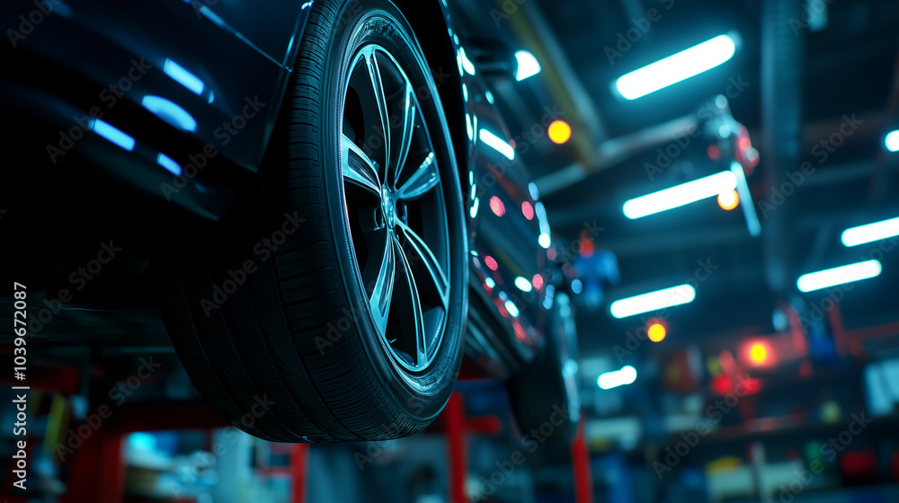 A close-up of a mechanic's hand rotating a tire on a car lift, with bright lights overhead and an assortment of tools hanging on the walls in a well-lit service garage. A close-up of a mechanic's hand rotating a tire on a car lift, with bright lights overhead and an assortment of tools hanging on the walls in a well-lit service garage.