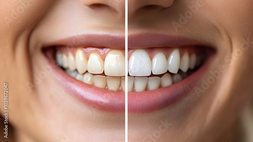 Side-by-side close-up of a patient's smile, highlighting the brightness difference before and after professional teeth whitening, Photorealistic, Soft Lighting