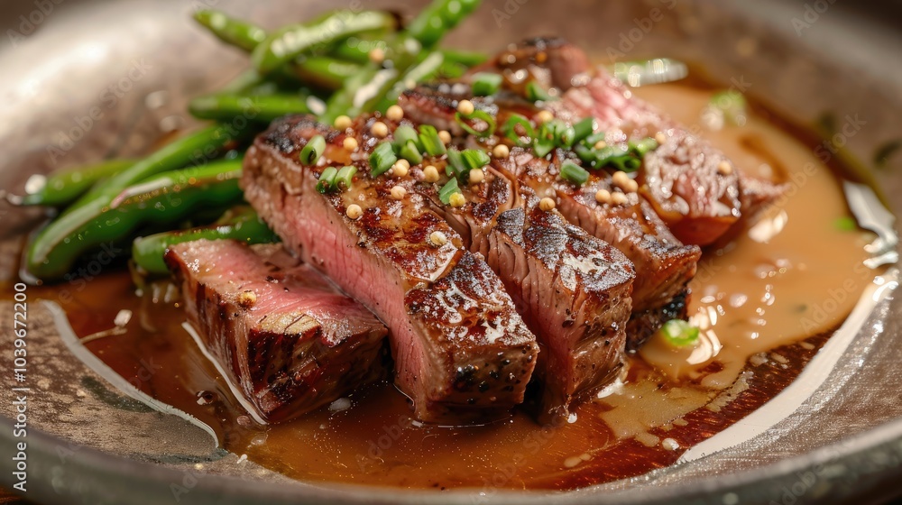 Modern style fried dry aged wagyu roast beef pepper steak with green mini beans in pepper cream sauce served as close up in a design plate