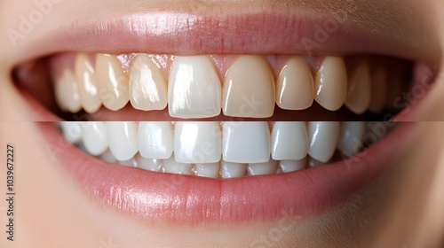 Infographic detailing the stages of a teeth whitening procedure, complemented by before-and-after photos that demonstrate a dramatic color change