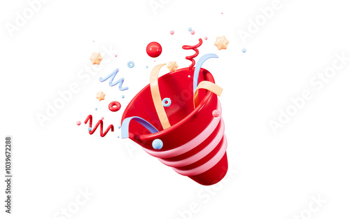 Cartoon firecracker and ribbons with explosion confetti. Birthday surprise, holiday and event celebration, 3d rendering.