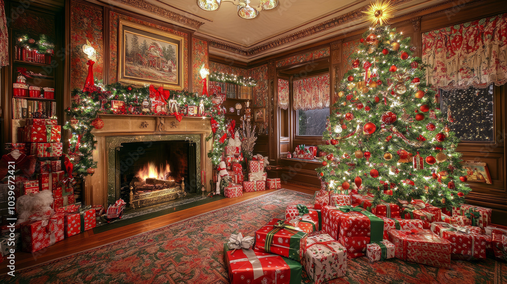 Interior of the living room decorated with a Christmas tree, fireplace ornaments and gifts Interior of the living room decorated with a Christmas tree, fireplace ornaments and gifts