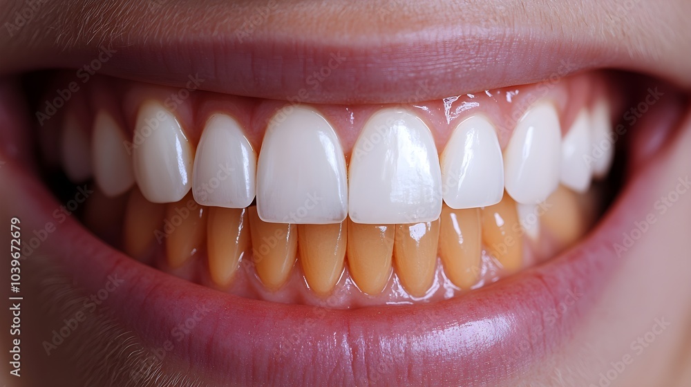 Fototapeta premium Before-and-after image of teeth whitening results, highlighting the contrast between yellowed teeth and a bright white smile, Realistic, Soft Lighting, High Detail