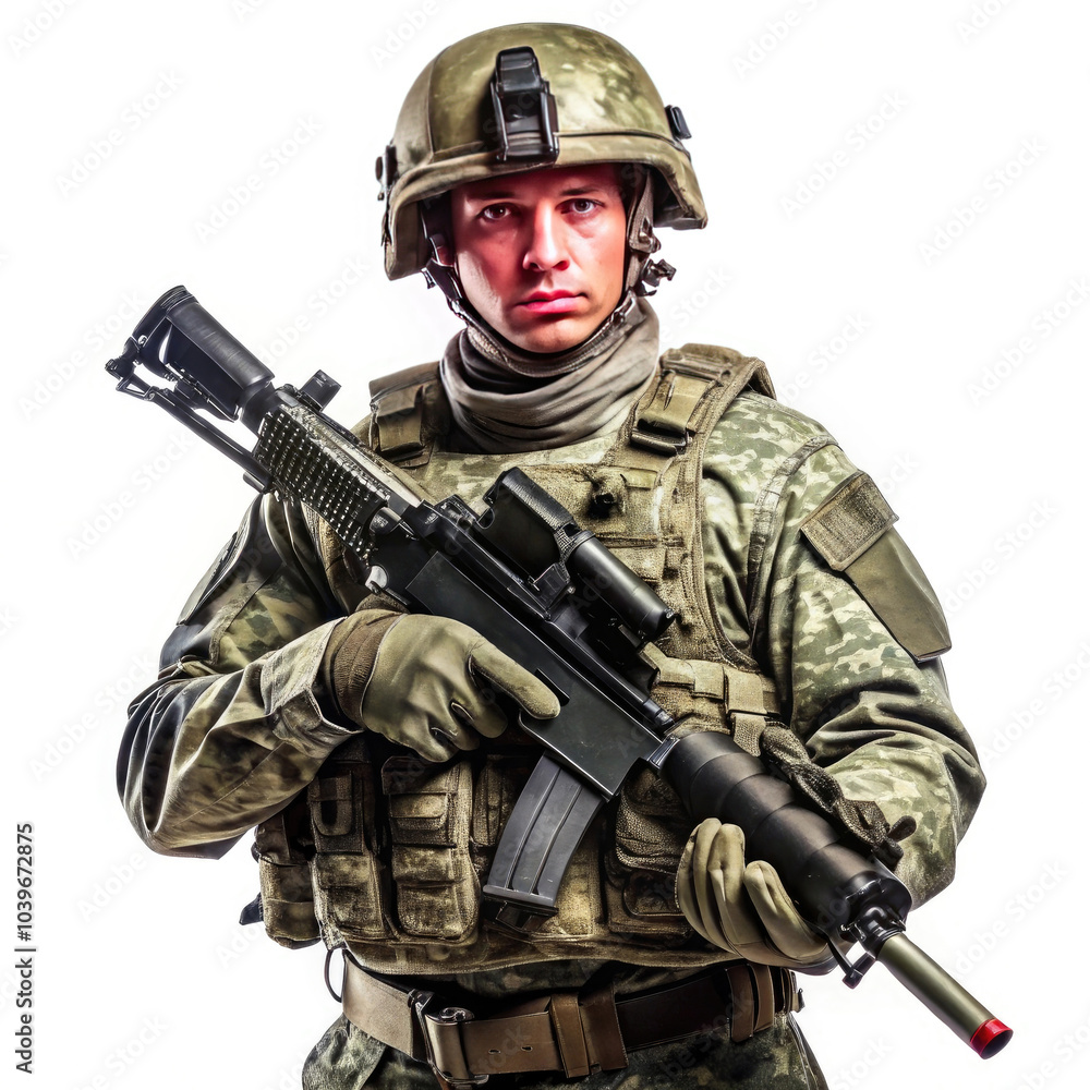 Soldier with assault rifle on a white background. Studio shot. Soldier with assault rifle on a white background. Studio shot.