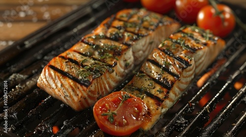 Grilled salmon with tomato and herbs photo