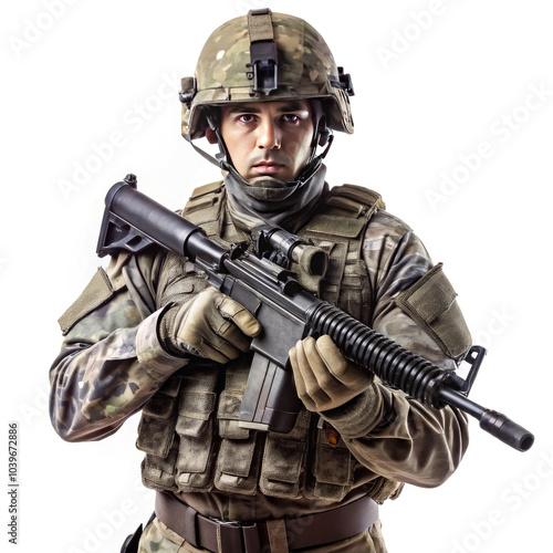 Soldier with assault rifle on a white background. Studio shot.