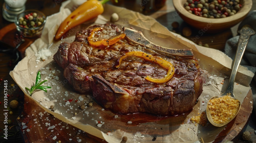 Classic ribeye steak served in waxed paper on wooden cutting board Cut against grain beef steak Roasted beef steak with yellow chilli pepper slices and salt crumbs Rustic spoon and spice bowl Classic ribeye steak served in waxed paper on wooden cutting board Cut against grain beef steak Roasted beef steak with yellow chilli pepper slices and salt crumbs Rustic spoon and spice bowl
