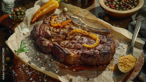 Classic ribeye steak served in waxed paper on wooden cutting board Cut against grain beef steak Roasted beef steak with yellow chilli pepper slices and salt crumbs Rustic spoon and spice bowl