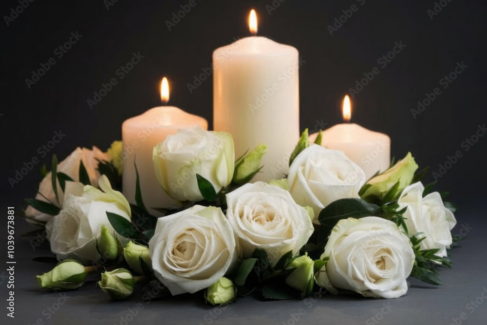 White rose and burning candles on black mirror surface in darkness White rose and burning candles on black mirror surface in darkness