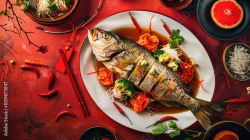 Sea bass or Spigola fish Branzino steamed with ginger red peppers in soy sauce in Cantonese style in the red terracotta table Chinese New Year festive table in Cantonese style Flat lay photo