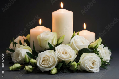 White rose and burning candles on black mirror surface in darkness