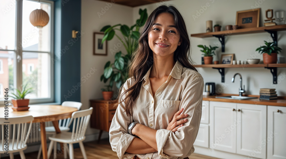 Confident young Asian woman smiling in modern kitchen, arms crossed, wearing white shirt, surrounded by plants and stylish decor Confident young Asian woman smiling in modern kitchen, arms crossed, wearing white shirt, surrounded by plants and stylish decor