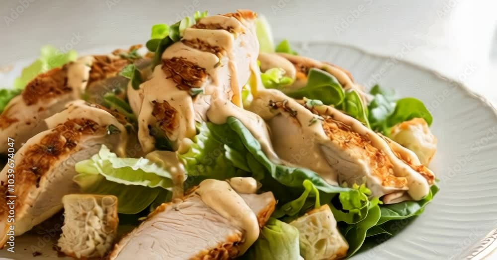 rotating grilled chicken salad with creamy dressing on white plate rotating grilled chicken salad with creamy dressing on white plate