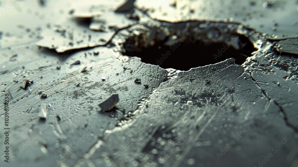 Shrapnel hole on the metal fragment from the white surface Shrapnel hole on the metal fragment from the white surface
