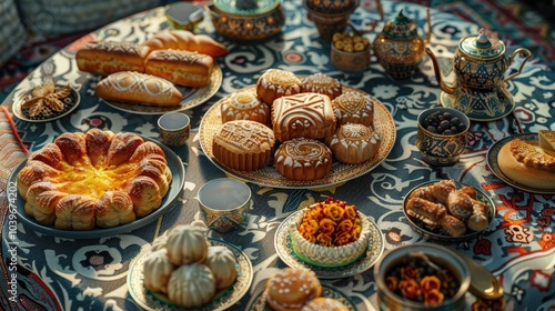 Traditional Georgian pastries Khachapur A festive table of Georgian dishes on a traditional tablecloth photo