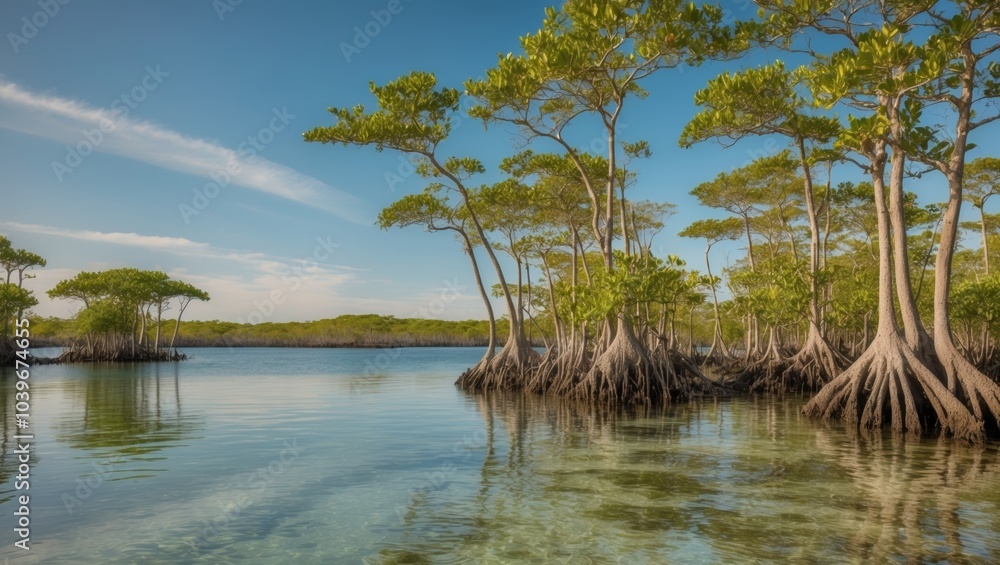 Serene Coastal Mangrove Forest Teeming with Biodiversity and Clear Waters. Serene Coastal Mangrove Forest Teeming with Biodiversity and Clear Waters.