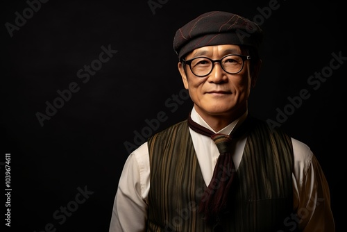 Portrait of an old Asian man wearing a hat and glasses on black background