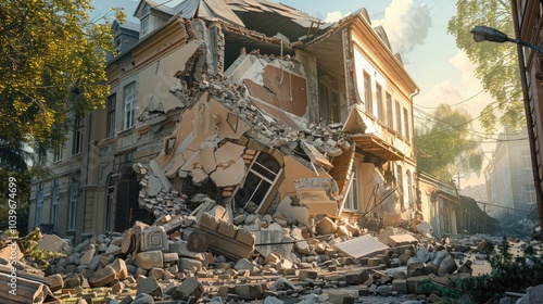 Ruined House Damage After Earthquake Natural Disaster