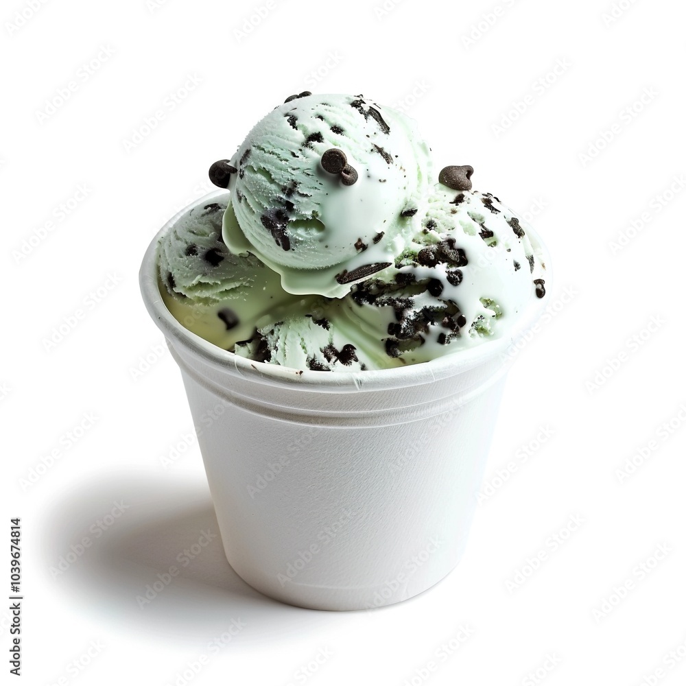 One white paper glass of decor Mint Chocolate Chip ice cream scoops isolated on a white background One white paper glass of decor Mint Chocolate Chip ice cream scoops isolated on a white background