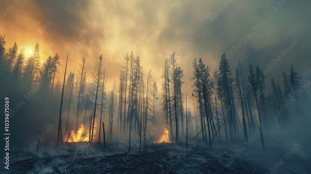 Trees burned by smoke flames at forest wildfire is ecological disaster Trees burned by smoke flames at forest wildfire is ecological disaster