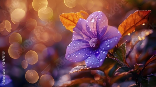 Vivid macro of violet blooming autumn flower with vanilla coloured pedicel and raindrops green blurred leaves photo