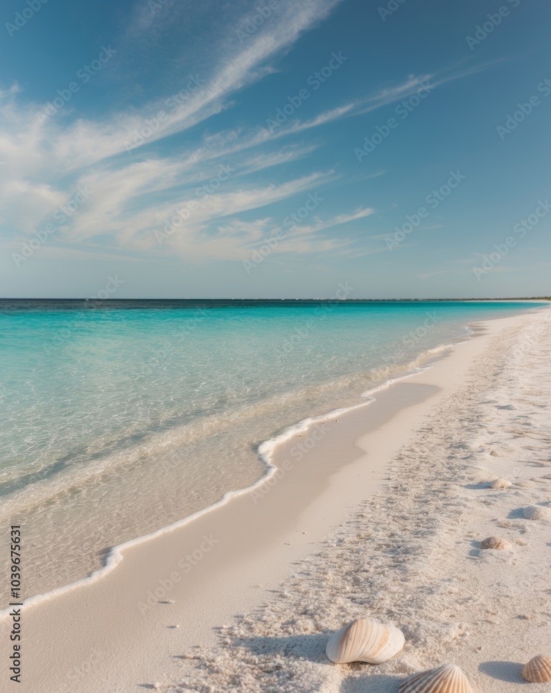 Fototapeta premium Tranquil Beach Scene with Crystal Clear Water and White Sand.