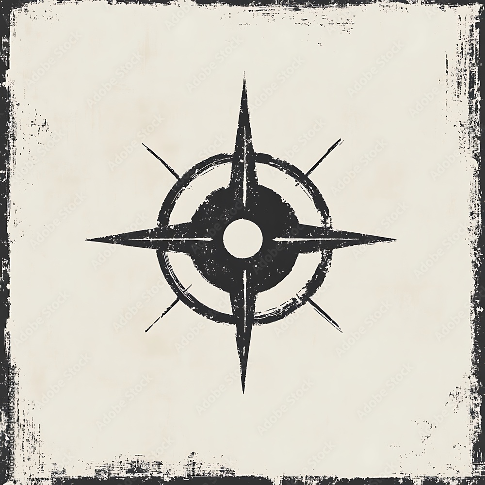 A black and white grunge compass illustration on a white background. A black and white grunge compass illustration on a white background.