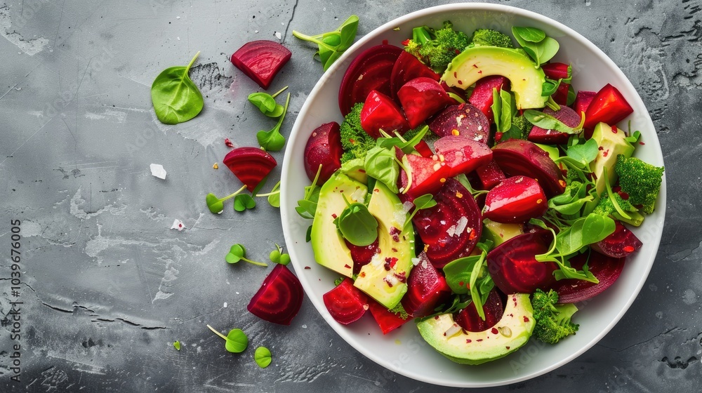 healthy vegan avocado and beet salad in white bowl top view healthy vegan avocado and beet salad in white bowl top view