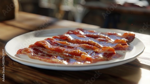 Uncooked bacon strips on a large white plate photo