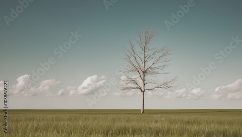 Lone Tree in a Field of Grass Under a Blue Sky with Clouds. photo