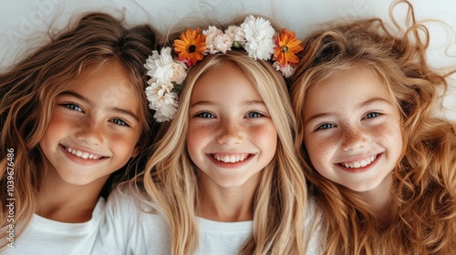 A delightful image of three girls, radiating happiness, with cascading hair and exquisite floral accessories, perfect for capturing the essence of youth and friendship. photo