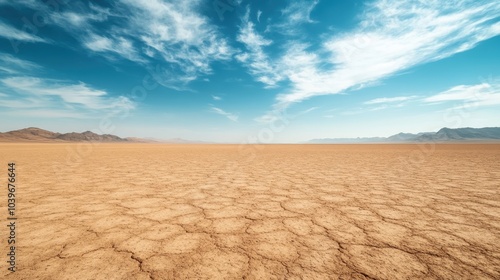 Expansive dry desert with sunlit cracked earth stretching far, creating a striking visual of nature's harshness while symbolizing endurance and perseverance. photo