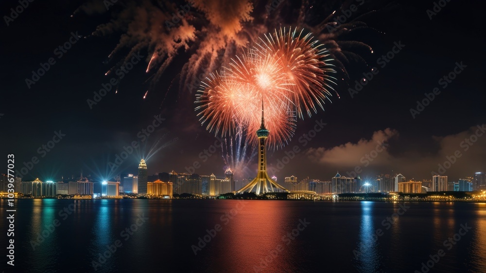 A vibrant fireworks display illuminates the night sky over a modern city skyline. The tower in the center is a prominent feature, reflecting the colorful lights in the water. A vibrant fireworks display illuminates the night sky over a modern city skyline. The tower in the center is a prominent feature, reflecting the colorful lights in the water.