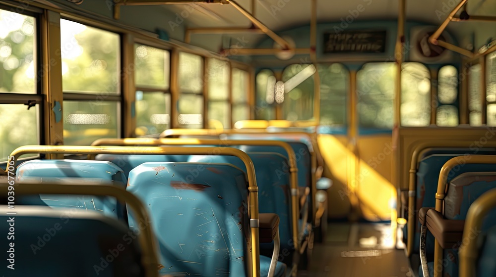 Fototapeta premium Interior of an old school bus shallow depth of field