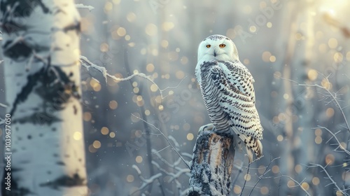 A vertical shot of a beautiful snowy owl perched on a tree trunk