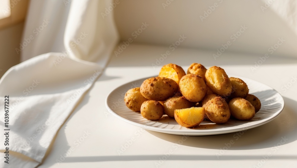 Fototapeta premium Homemade Fresh And Fried Potatoes On Plate Golden Color.