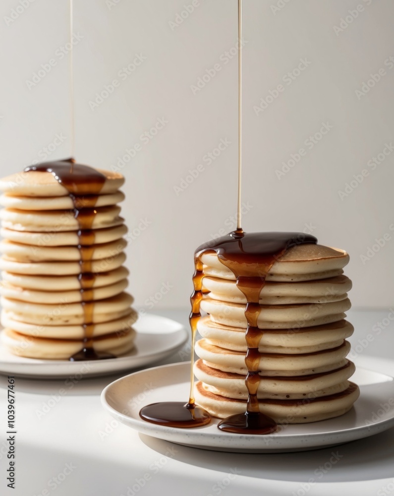 Pancake stacks on white plates with syrup drizzled. Pancake stacks on white plates with syrup drizzled.