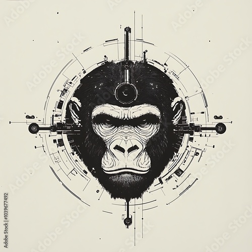 A black and white illustration of a chimpanzee's face in a circular geometric frame. photo