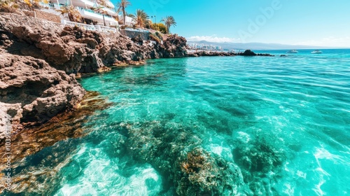 Stunning turquoise waters along a rugged rocky coastline with distant hills under a clear blue sky. An ideal setting for exploration and natural appreciation.