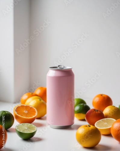 Pink Aluminum Can Surrounded by Fresh Citrus Fruit. photo