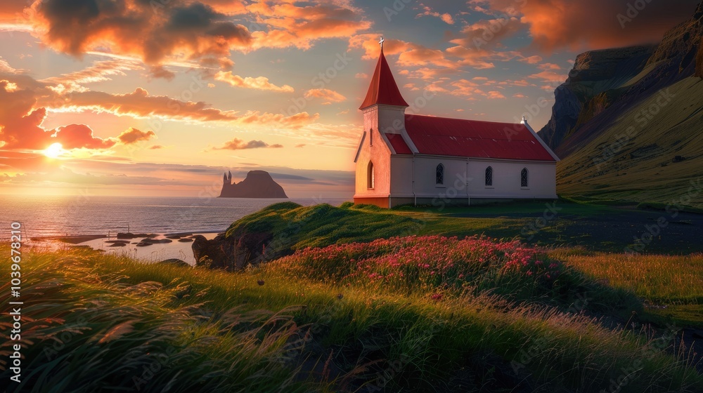 Typical rural Icelandic Church at sea coastline on sunset or sunrise Religion theme Typical rural Icelandic Church at sea coastline on sunset or sunrise Religion theme