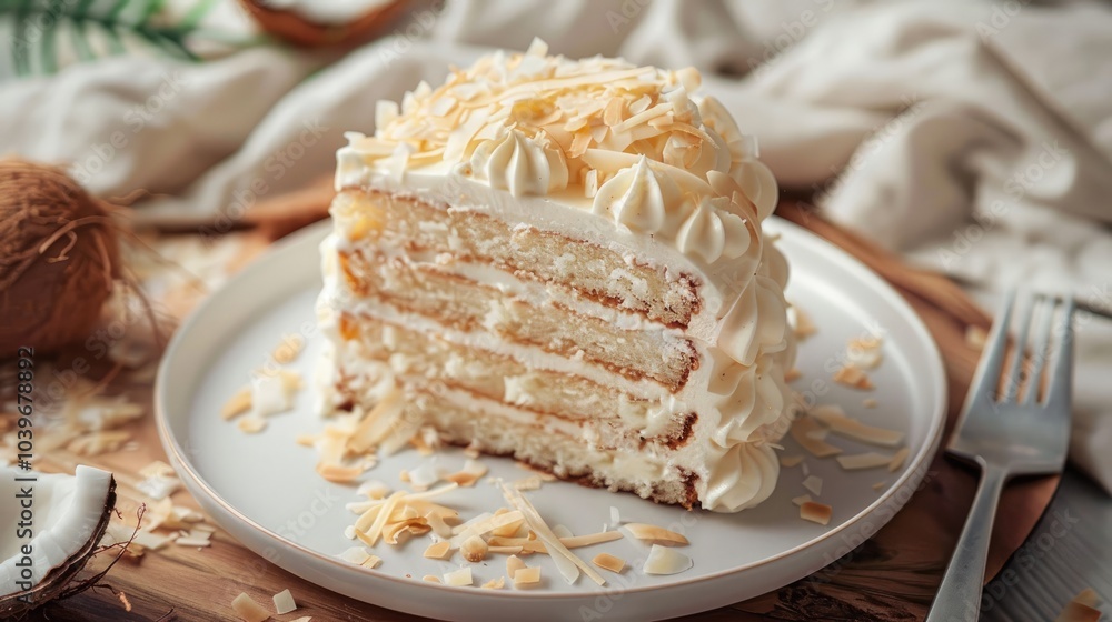Coconut layered raffaello cake on white plate Coconut layered raffaello cake on white plate