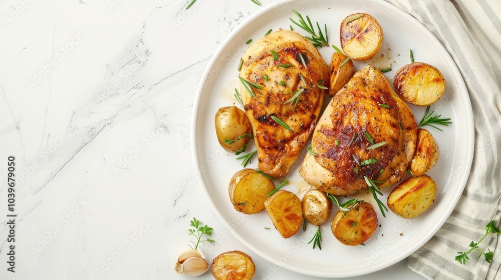 grilled chicken breasts with browned new potatoes on white plate with kitchen towel horizontal view from above flat lay free space grilled chicken breasts with browned new potatoes on white plate with kitchen towel horizontal view from above flat lay free space