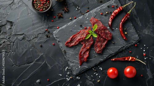 spice beef jerky on black shale board with red peppers photo