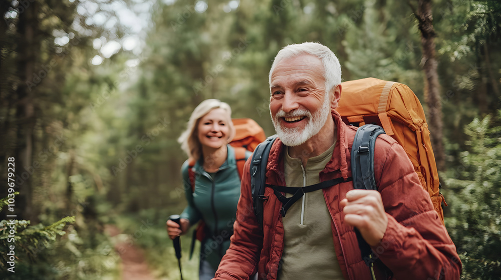 Senior Couple Hiking in a Scenic Forest Senior Couple Hiking in a Scenic Forest
