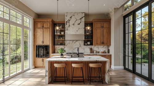 modern honey oak cabinets in a transitional kitchen