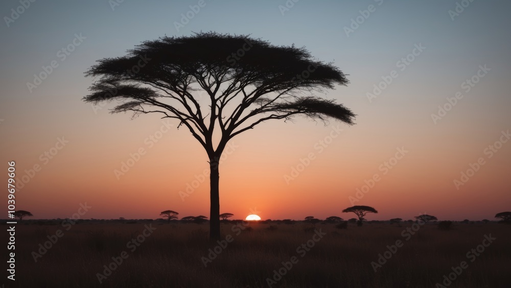 Fototapeta premium Silhouetted Tree at Sunset in the African Savanna.