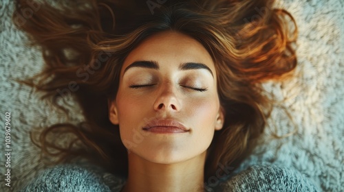 A serene woman with closed eyes meditates on a soft surface, emanating peace and tranquility, her hair splayed out around her head reflecting calm beauty.